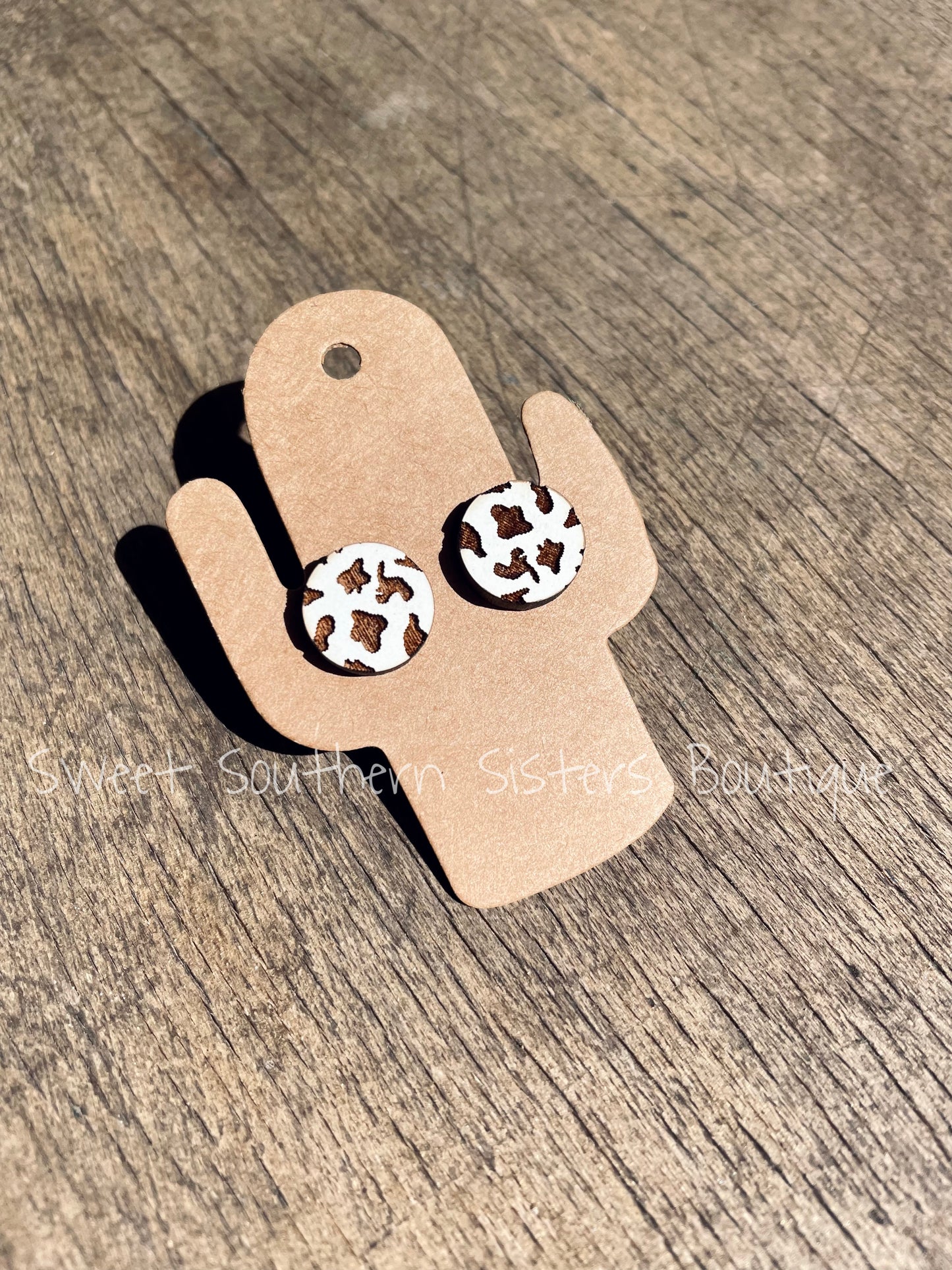 wooden engraved cow print studs